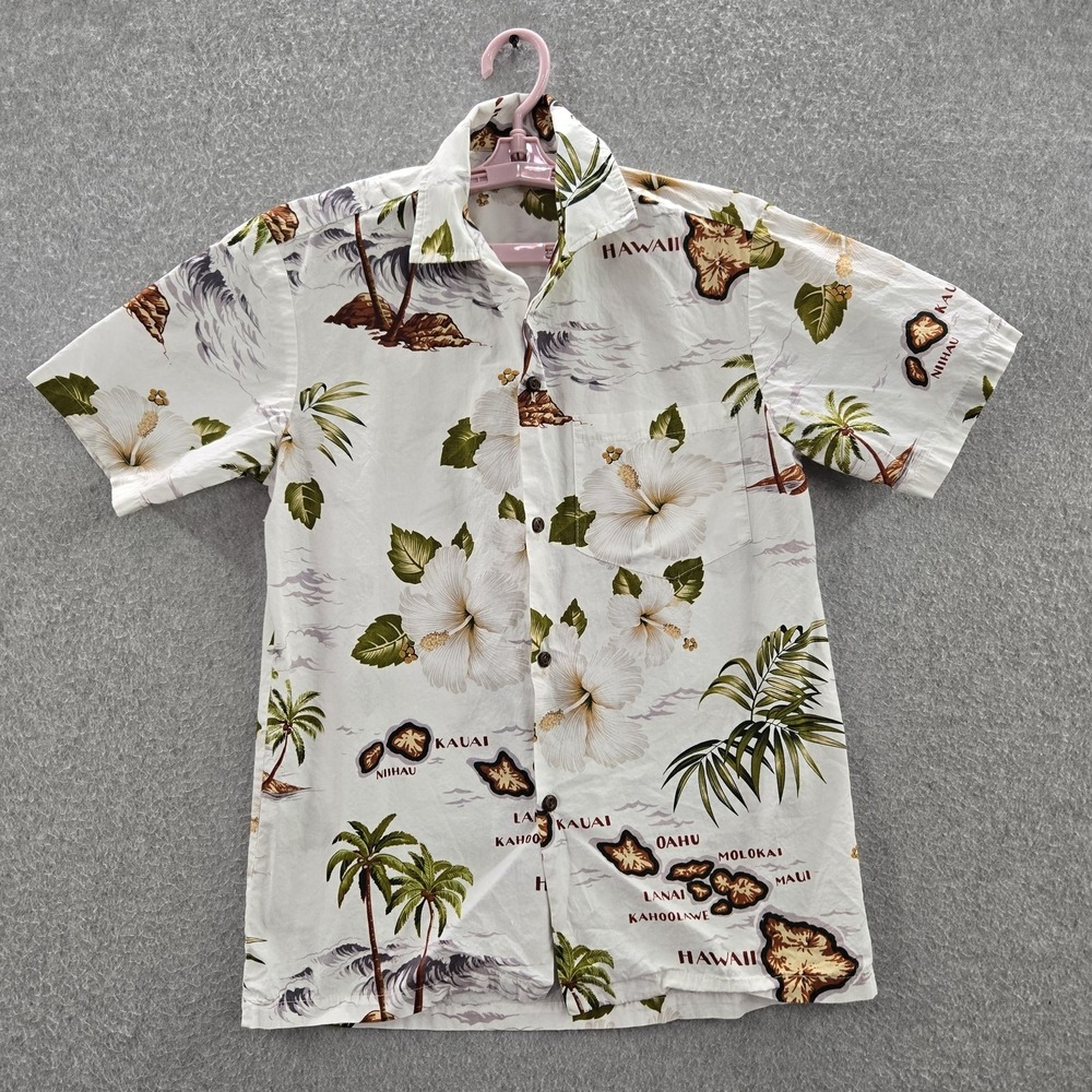 Pacific Legend Men Button‎ Up Shirt S White Hawaiian Floral Hawaii Map